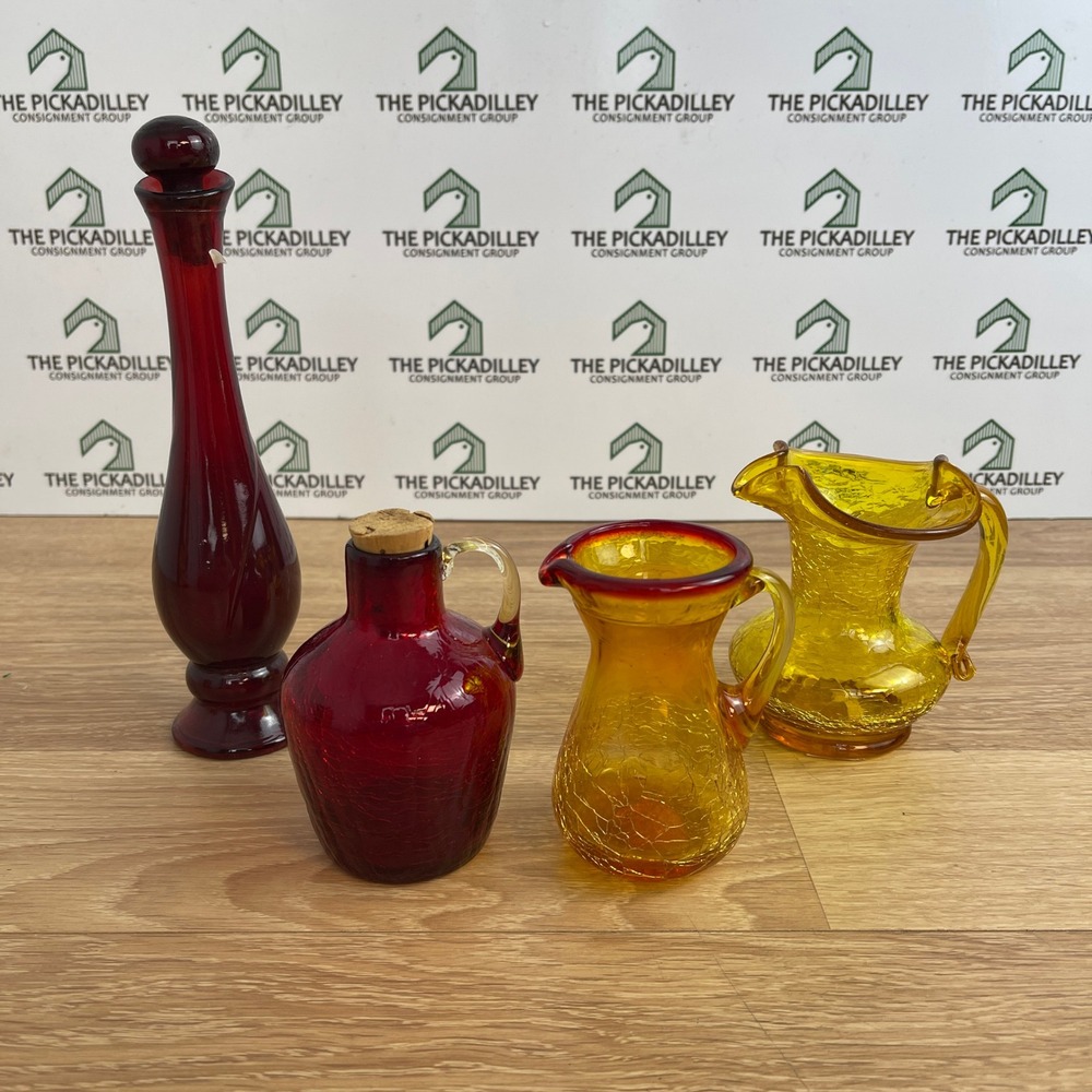 Vintage Avon Ruby Red Decanter & Amber Crackle Glass Pitcher Jug Set 4pc MCM
